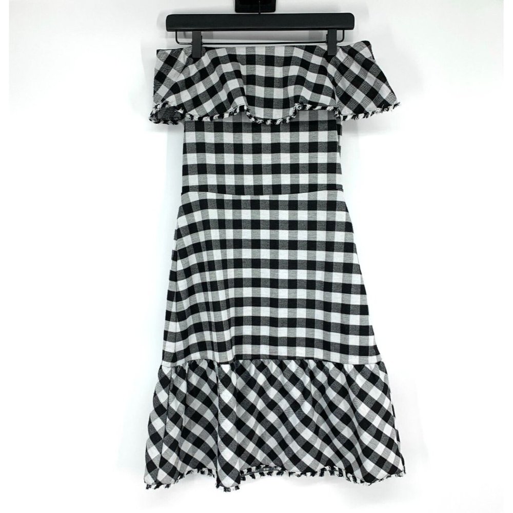 Ann Taylor Dress Gingham Print Off Shoulder Ruffle Black White - Picture 4 of 12